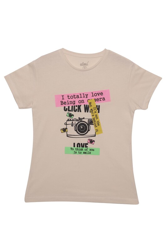 ALG - Baskılı Kız Çocuk Tshirt 0438 | Bej