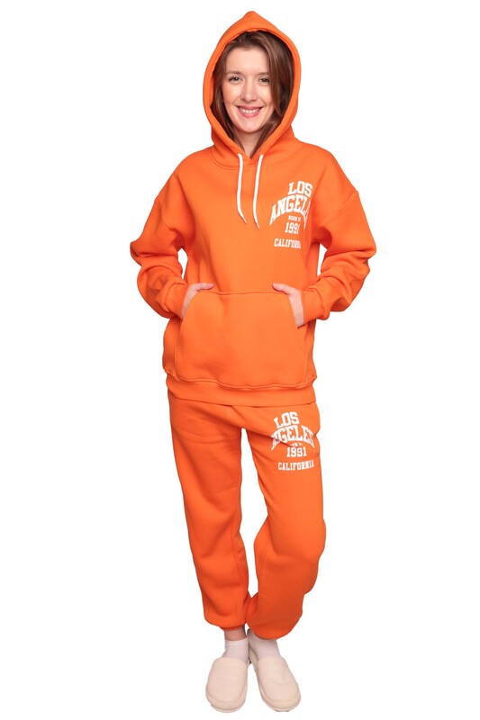 Kanguru Cepli 3 İplik Eşofman Takımı | Turuncu - Thumbnail