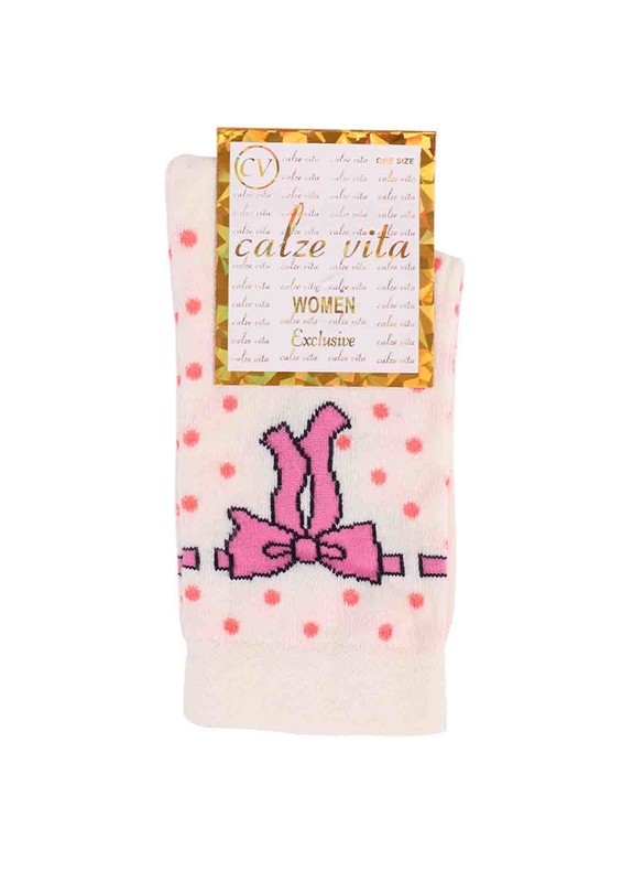Calze Vita Puantiyeli Kurdele Desenli Çorap 345 | Krem - Thumbnail