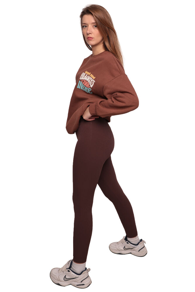 Kadın Fitilli Düz Tayt | Kahverengi