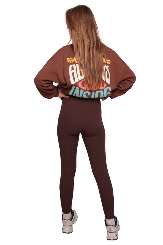 Kadın Fitilli Düz Tayt | Kahverengi - Thumbnail