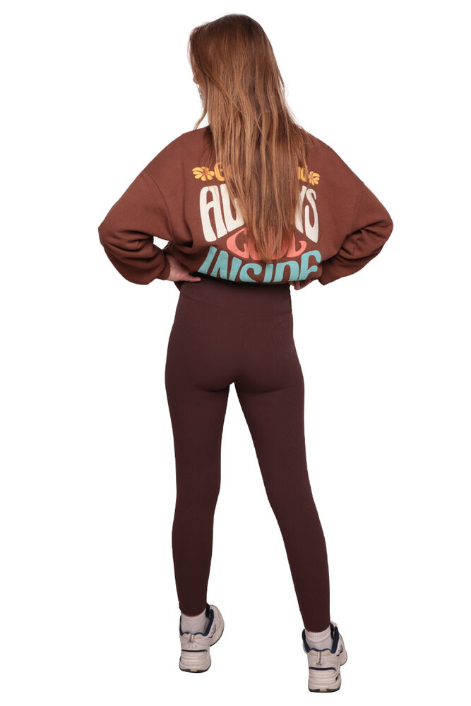 Kadın Fitilli Düz Tayt | Kahverengi