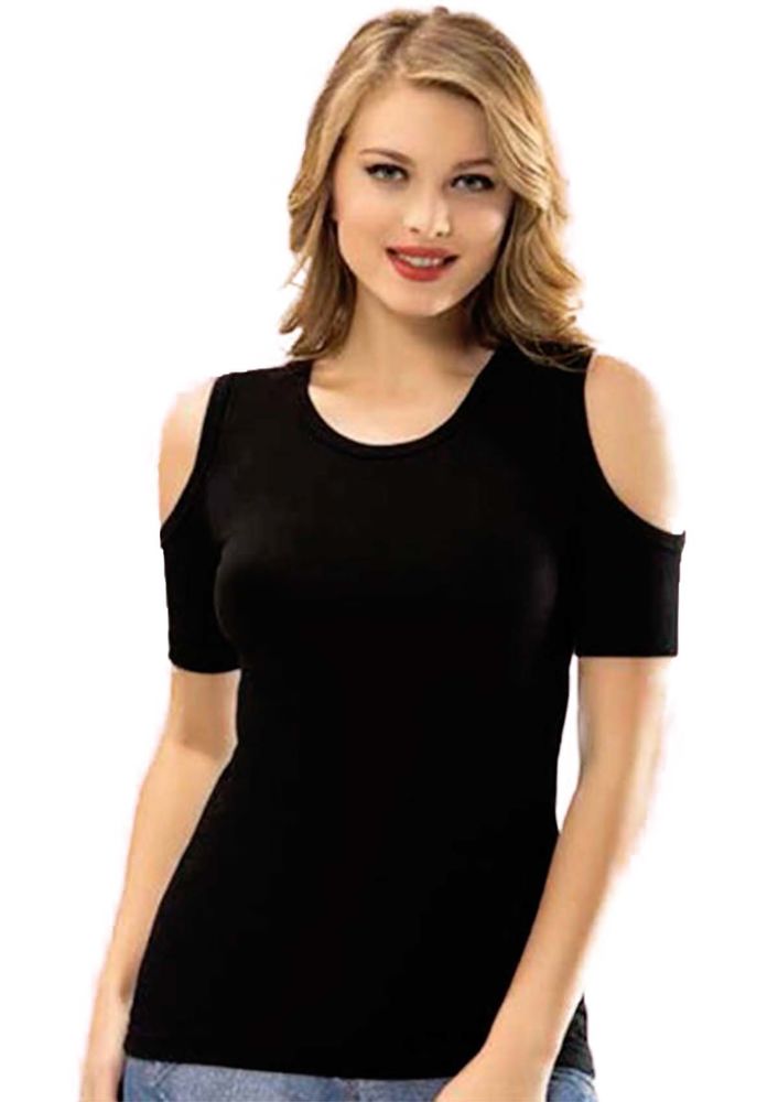 Kota Omuzları Açık Kısa Kollu T-shirt 6176 | Siyah