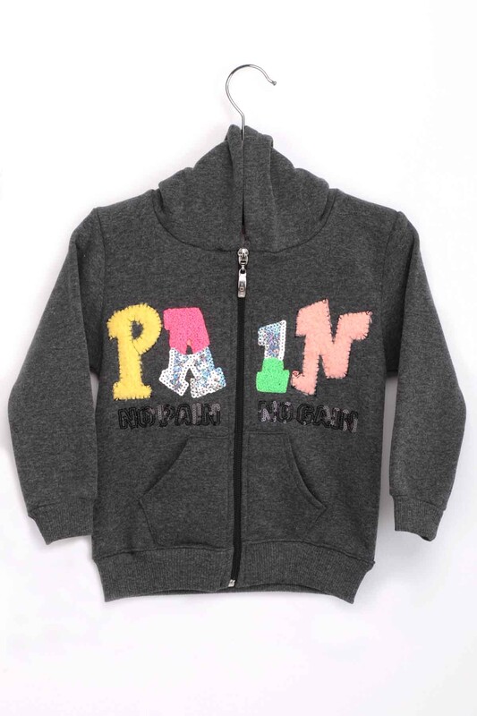 Pul İşlemeli Kapüşonlu Fermuarlı Kız Çocuk 3 İplik Hırka | Füme - Thumbnail