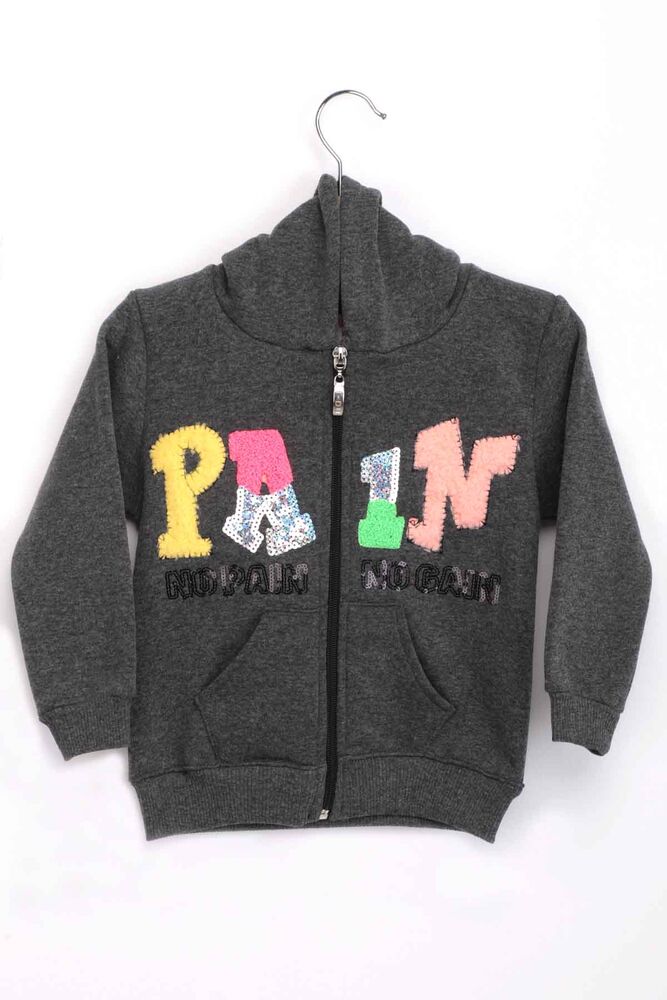 Pul İşlemeli Kapüşonlu Fermuarlı Kız Çocuk 3 İplik Hırka | Füme