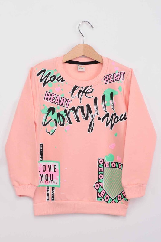 Yazı Baskılı Kız Çocuk Sweatshirt 140 | Somon - Thumbnail