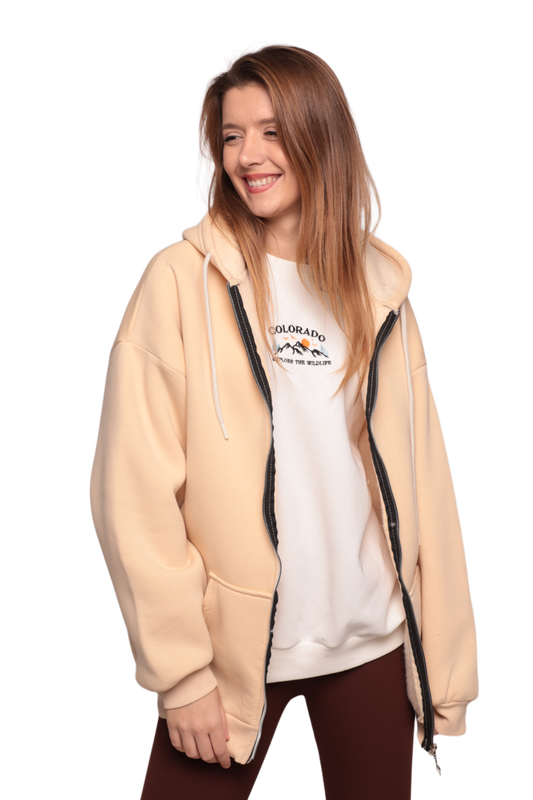 SİMİSSO - Fermuarlı 3 İplik Kadın Sweatshirt 3556 | Bej