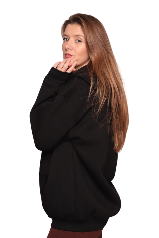 Fermuarlı 3 İplik Kadın Sweatshirt 3556 | Siyah - Thumbnail