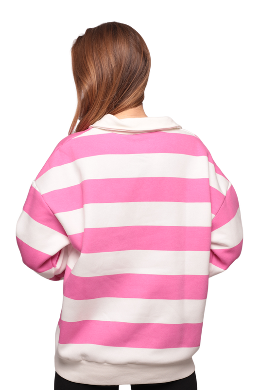 Çizgili 3 İplik Kadın Sweatshirt 5806 | Pembe - Thumbnail