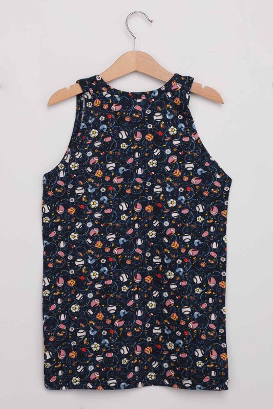 Tutku Erkek Çocuk Desenli Elastan Atlet | Lacivert - Thumbnail