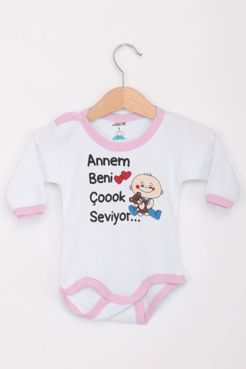 Annem Beni Çok Seviyor Uzun Kollu Zıbın | Beyaz Pembe
