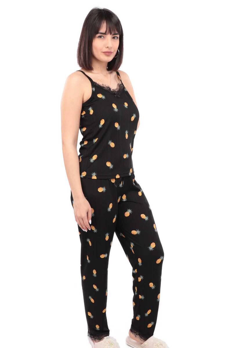 Arcan Ananas Desenli İp Askılı Kadın Pijama Takımı | Siyah