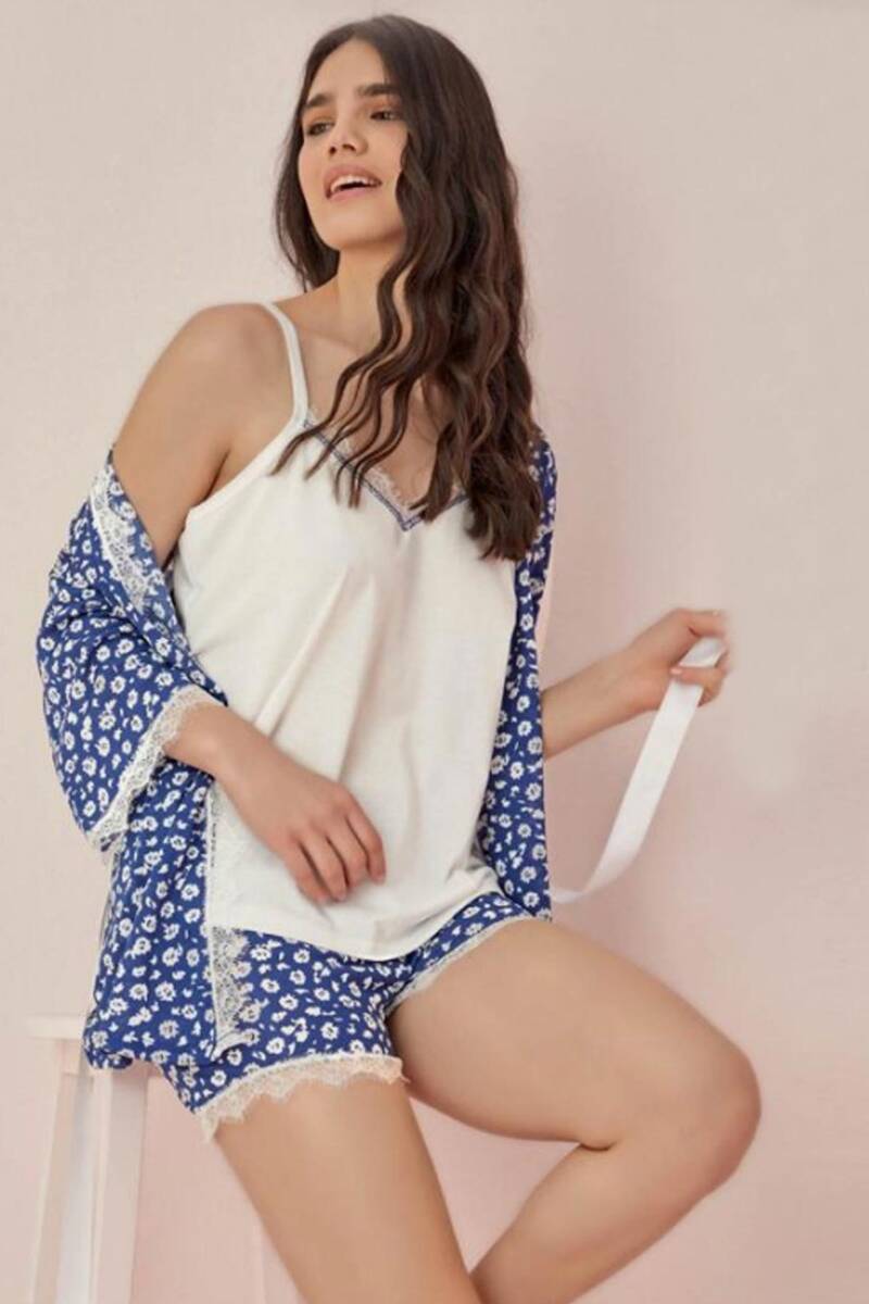 Askılı 3 Lü Pijama Takımı 3001-3 | Lacivert Beyaz