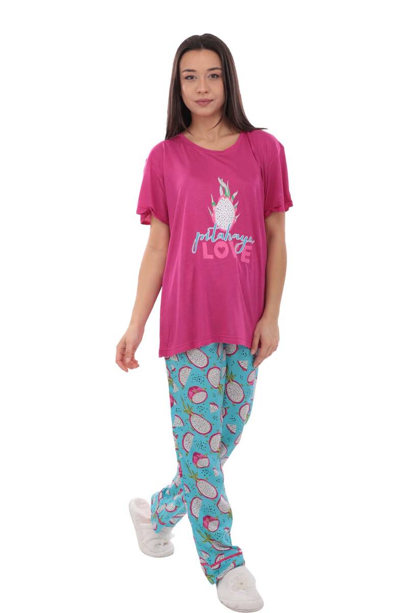 Aydoğan Baskılı Poplin Kısa Kollu Kadın Pijama Takımı 9007 | Fuşya