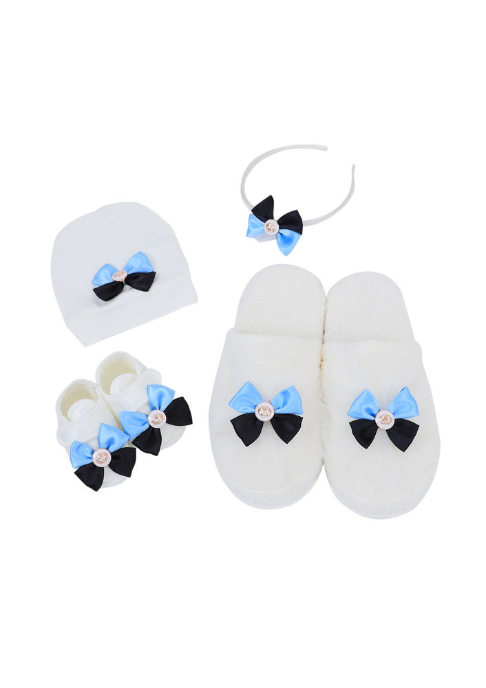 Baby Tiny Kurdeleli Krem Anne Bebek Terlik Seti 680 Mavi