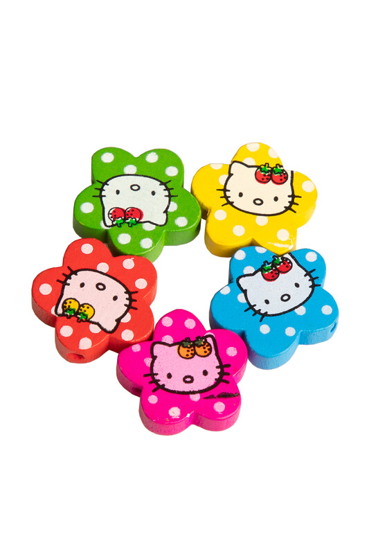 SİMİSSO - Hello Kittyli Çiçek Ahşap Boncuk 5 li