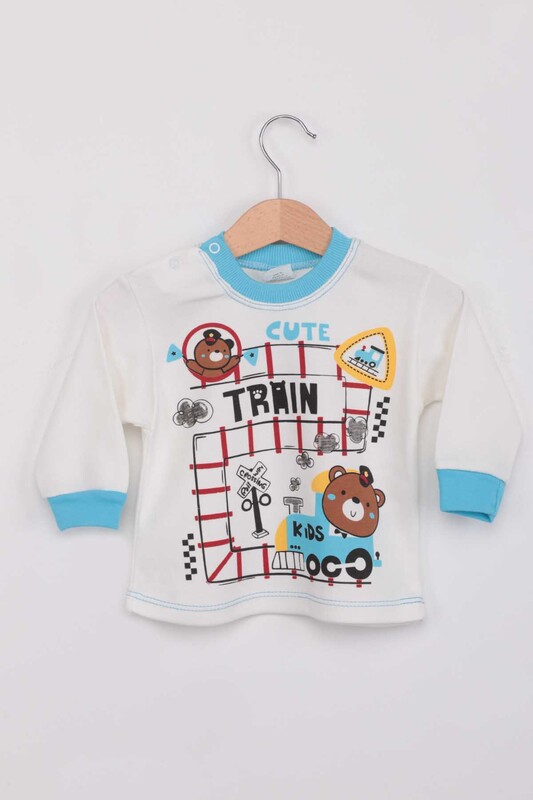 BİLKON - Tren Baskılı Erkek Çocuk Pijama Takımı | ekru mavi