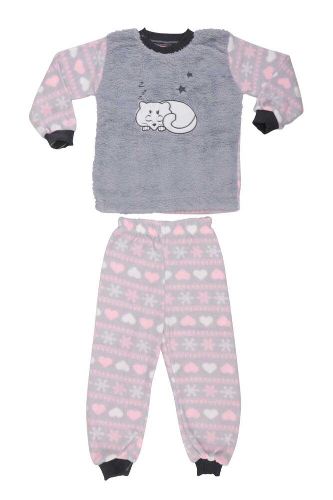 Kedi Baskılı Peluş Bebek Pijama Takımı | Gri