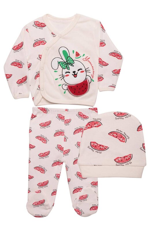 ZEMBABY - Karpuz Baskılı Bebek Takımı 3'lü 4223 | Ekru