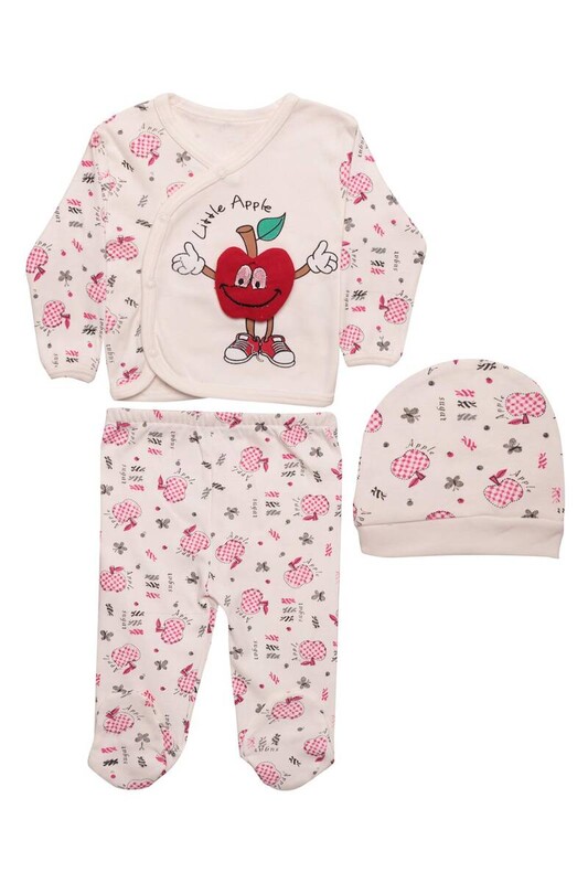 ZEMBABY - Elma Baskılı Bebek Takımı 3'lü 4223 | Ekru