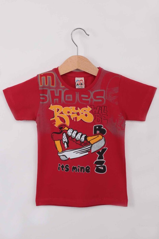 Ayakkabı Baskılı Erkek Çocuk Tshirt | Kırmızı - Thumbnail