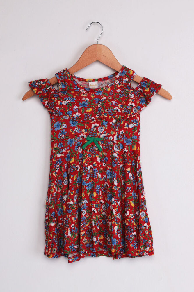 Shoulder Detailed Lucky Printed Girl Dress | Red