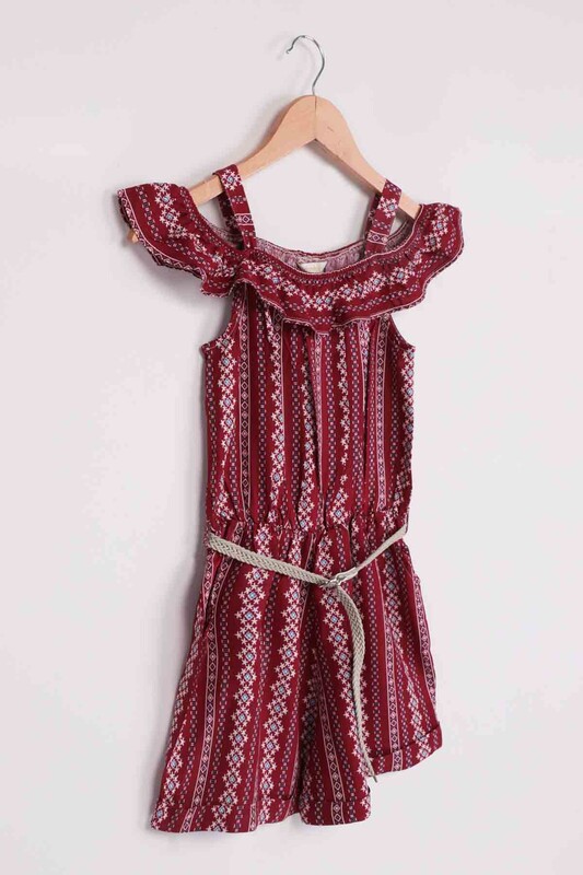 Madonna Neck Girl Short Jumpsuit | Red - Thumbnail