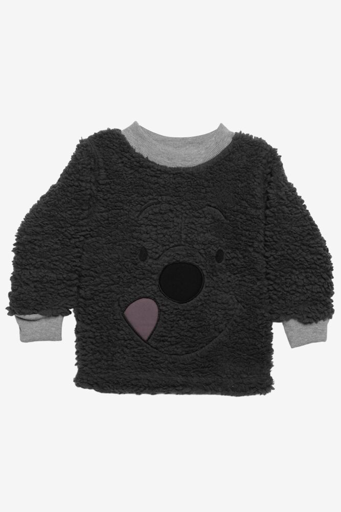 Ayıcık Baskılı Peluş Çocuk Pijama Takımı | Antrasit