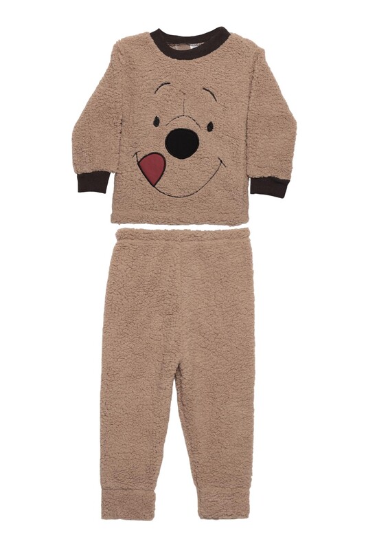 SİMİSSO - Ayıcık Baskılı Peluş Çocuk Pijama Takımı | Kahve