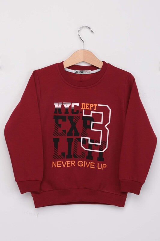 Never Gıve Up Yazılı Erkek Çocuk Sweatshirt | Bordo - Thumbnail