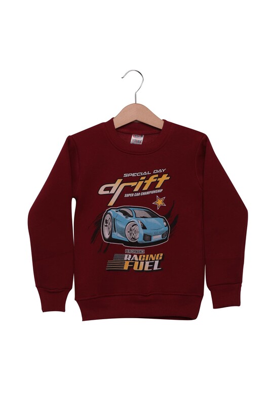 YETİŞKİN - Araba Baskılı Şardonlu Erkek Çocuk Sweatshirt | Bordo