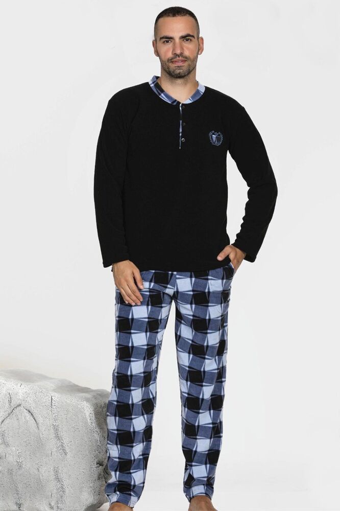 Düğmeli Uzun Kol Erkek Polar Pijama Takımı 101 | Siyah