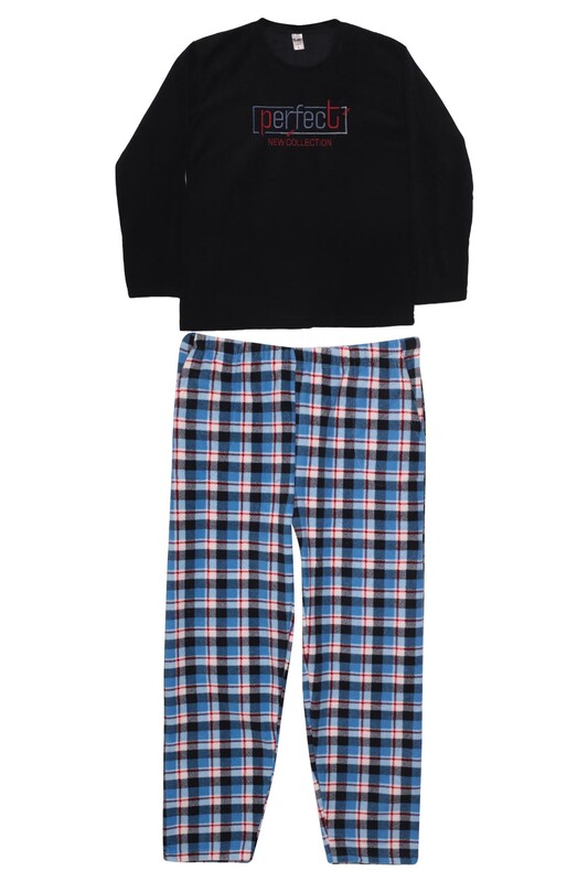 Kareli Uzun Kol Polar Erkek Pijama Takımı 100-31 | Lacivert - Thumbnail