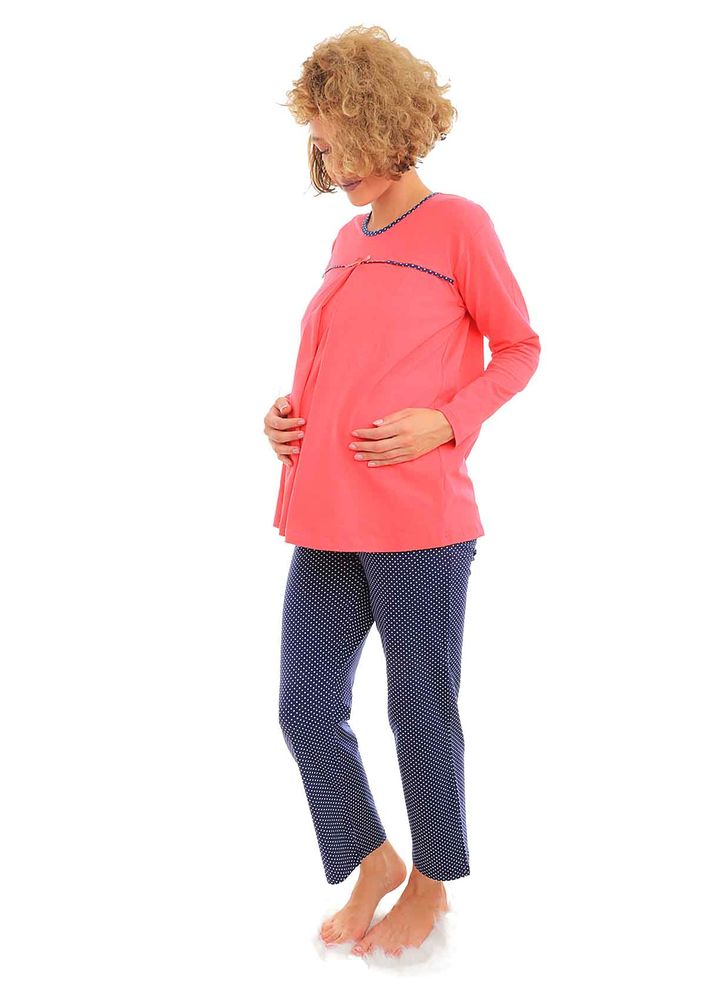 Puantiyeli Kurdeleli Hamile Pijama Takımı 5183 | Nar Çiçeği