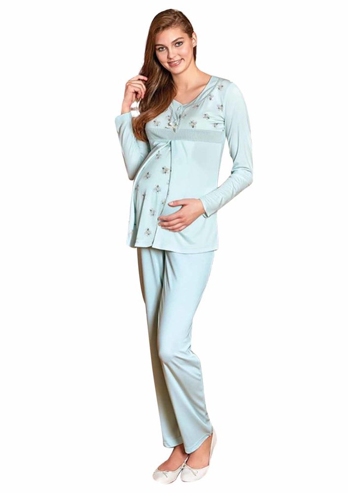 Berrak Desenli Uzun Kollu Hamile Pijama Takımı 308 | Mavi