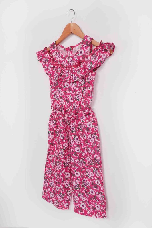 Flower Printed Girl Jumpsuit 20065 | Fuschia - Thumbnail