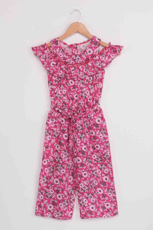Flower Printed Girl Jumpsuit 20065 | Fuschia - Thumbnail
