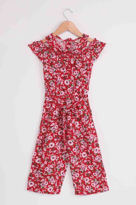 Flower Printed Girl Jumpsuit 20065 | Red - Thumbnail