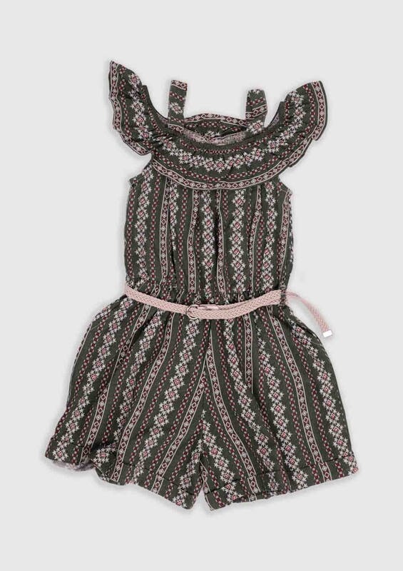 Madonna Neck Girl Short Overalls | Green - Thumbnail