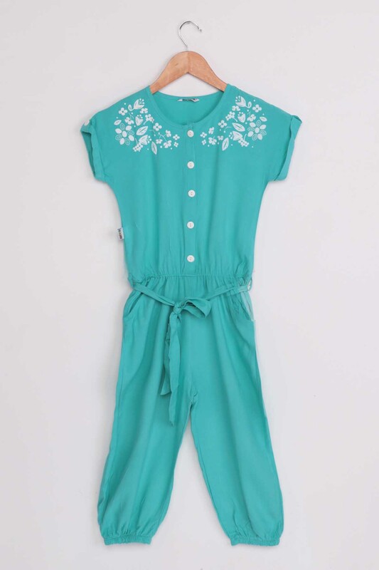 Flower Printed Girl Jumpsuit | Turquois - Thumbnail