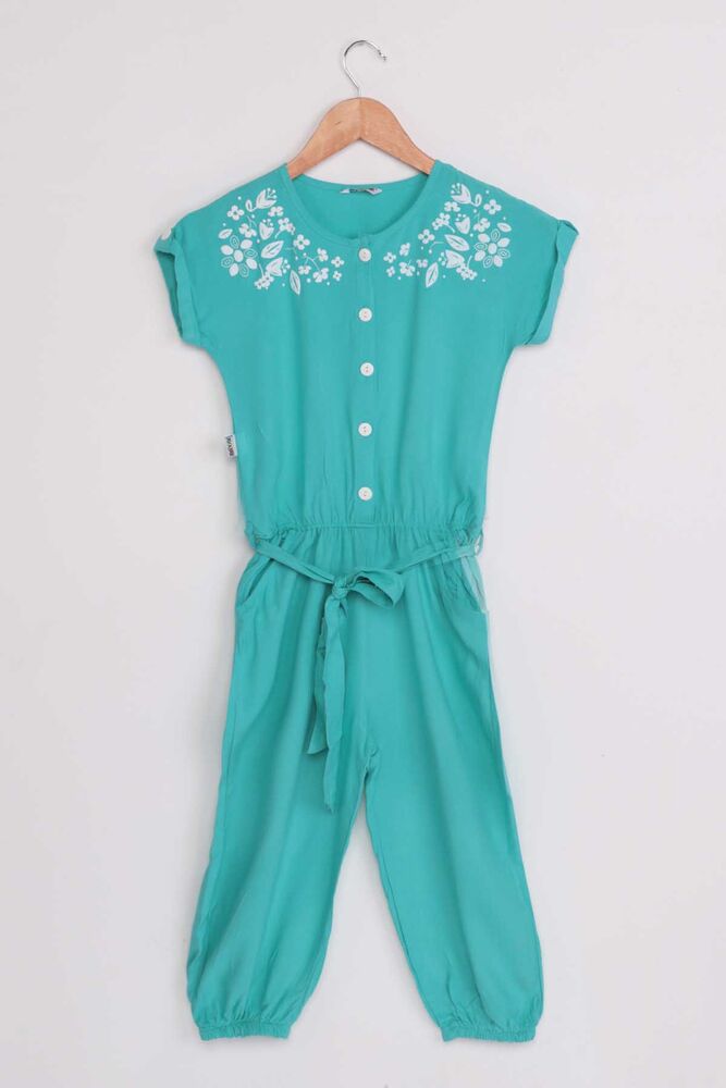 Flower Printed Girl Jumpsuit | Turquois