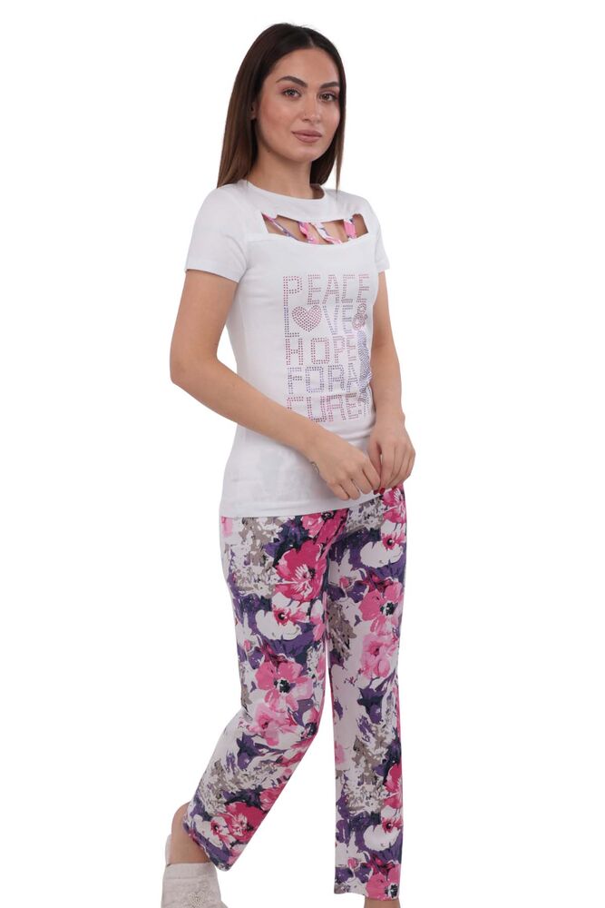 Ewe Ön Yakası Açık Kısa Kollu Desenli Pijama Takımı 561 | Beyaz