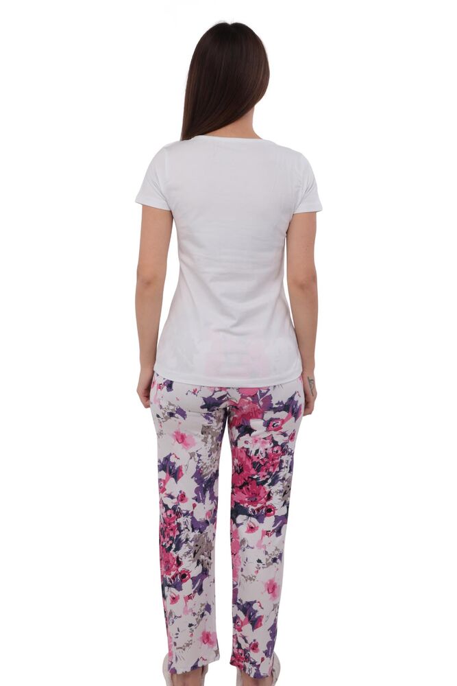Ewe Ön Yakası Açık Kısa Kollu Desenli Pijama Takımı 561 | Beyaz