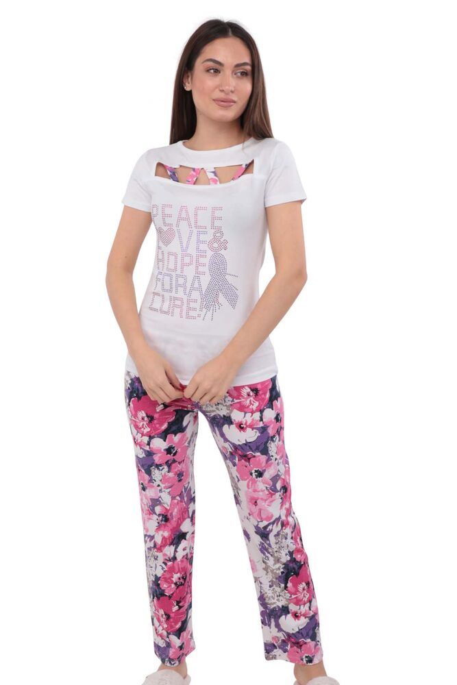 Ewe Ön Yakası Açık Kısa Kollu Desenli Pijama Takımı 561 | Beyaz