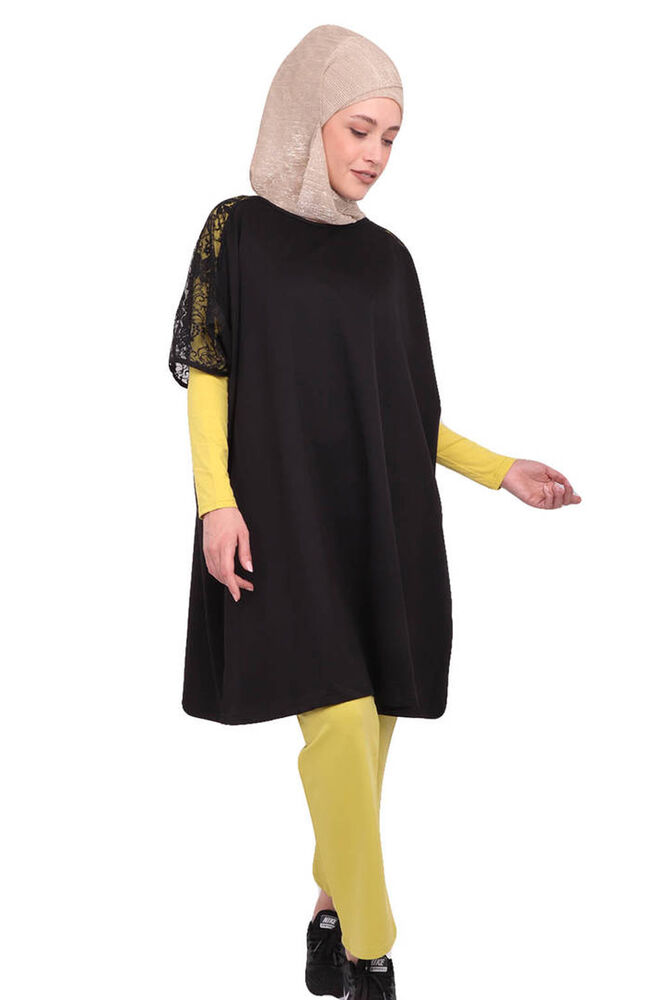 Lolitam Kolları Güpürlü Sarı-Siyah Tesettür Pijama Takımı 3 ' lü 10909 | Yeşil