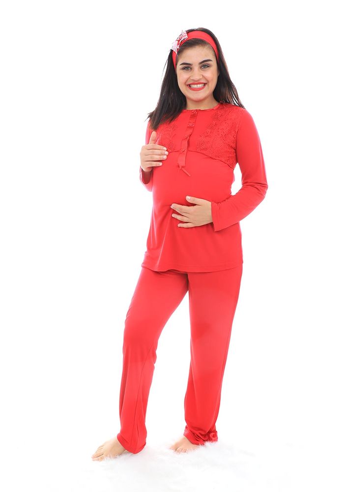 Mecit Güpürlü Kolları Volanlı Hamile Pijama Takımı 1342 | Kırmızı