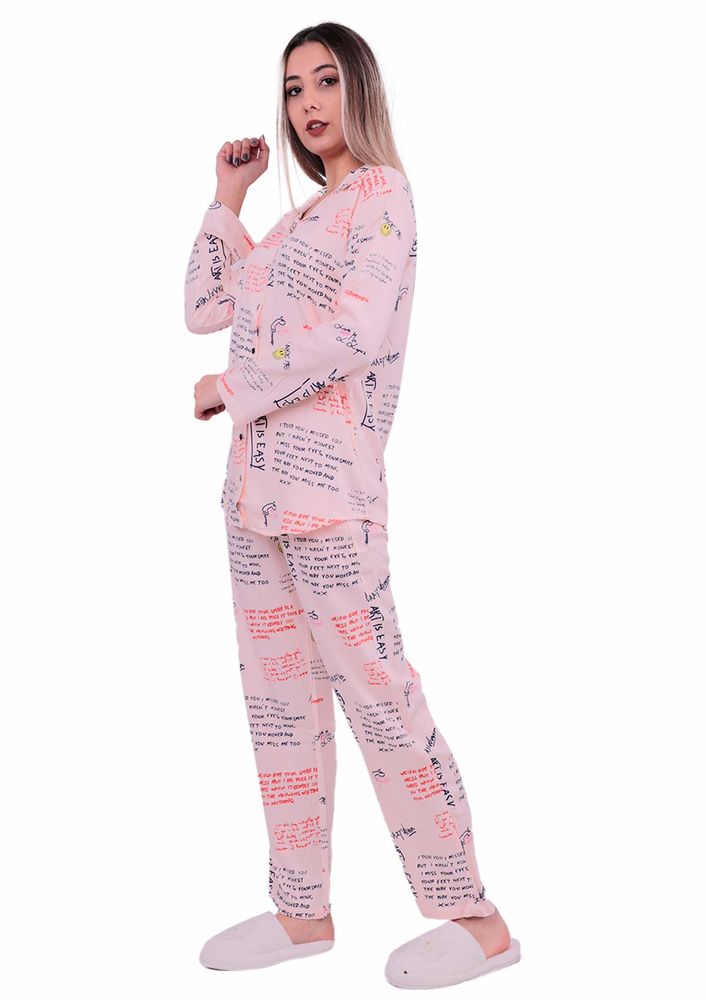 Poleren Gömlek Yakalı Önü Düğmeli Yazılı Pijama Takımı 5970 | Pudra