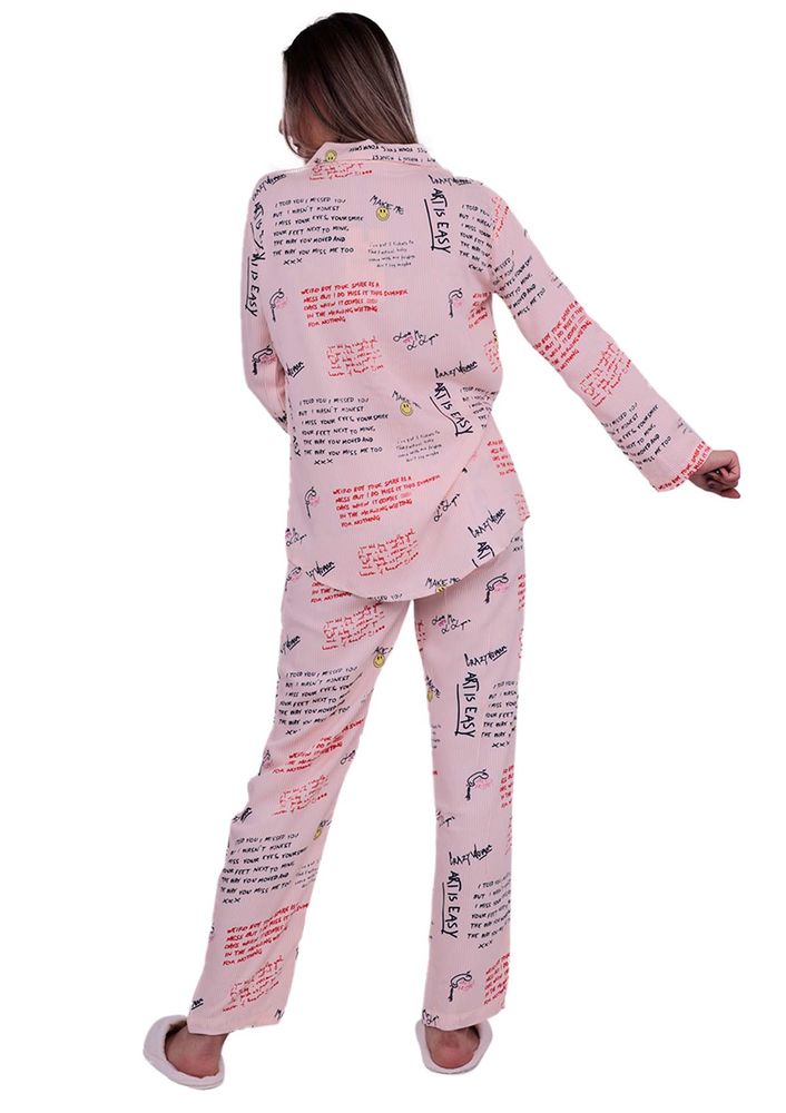 Poleren Gömlek Yakalı Önü Düğmeli Yazılı Pijama Takımı 5970 | Pudra