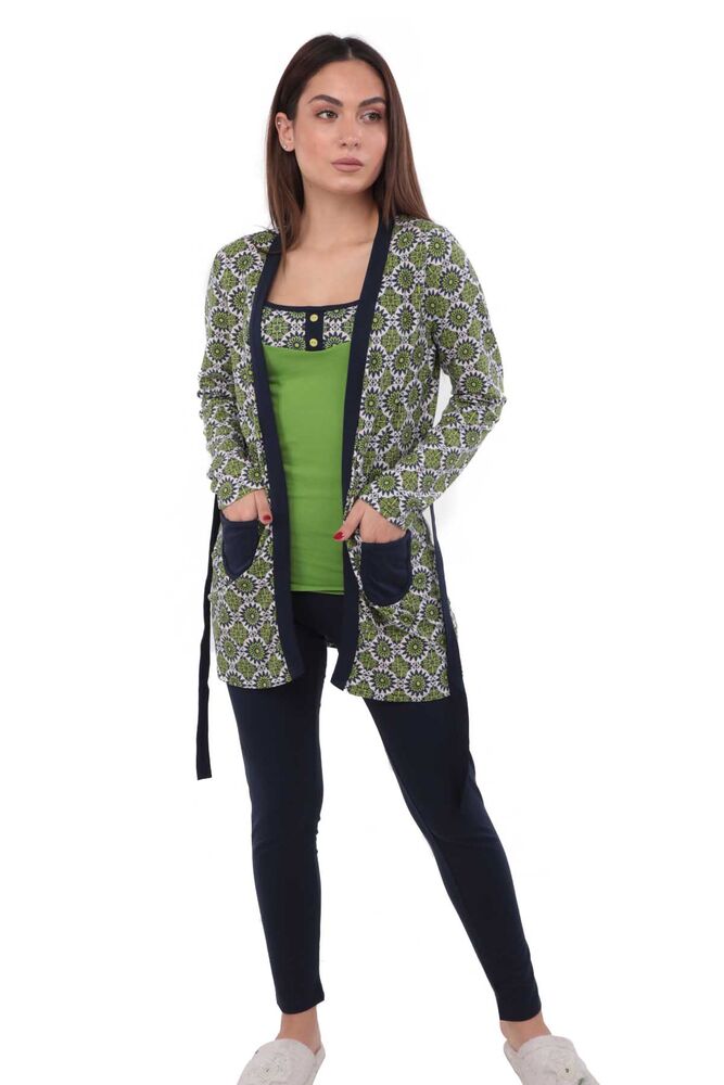 Polkan Desen ve Cepli Taytlı Pijama Takımı 3 ' lü 3810 | Siyah Yeşil
