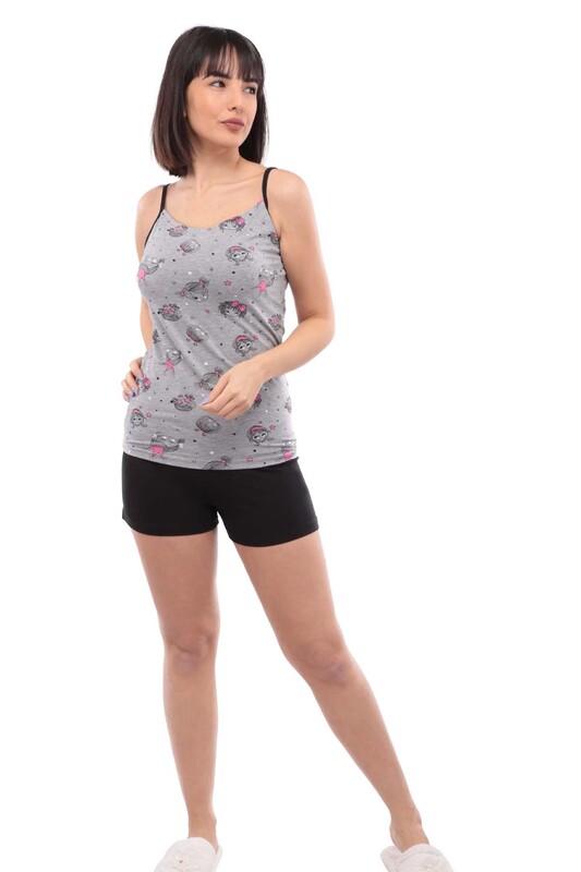 Polkan İp Askılı Desenli Kadın Şortlu Takım 7755 | Gri - Thumbnail